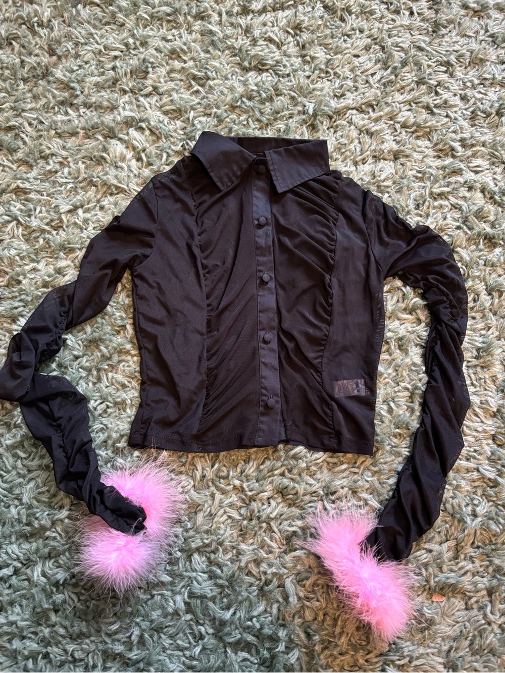 🖤Sheer Button-down Long Sleeve Top with Ruching & Fuzzy Pink Wrists